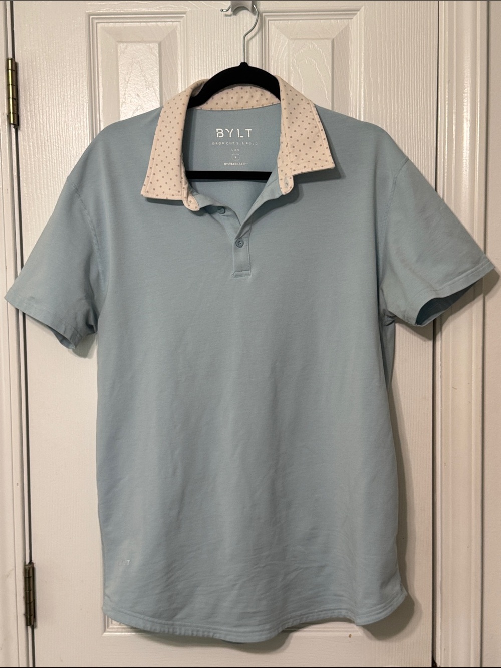 BYLT Basics Pale Blue Polo with Cream Dotted Collar